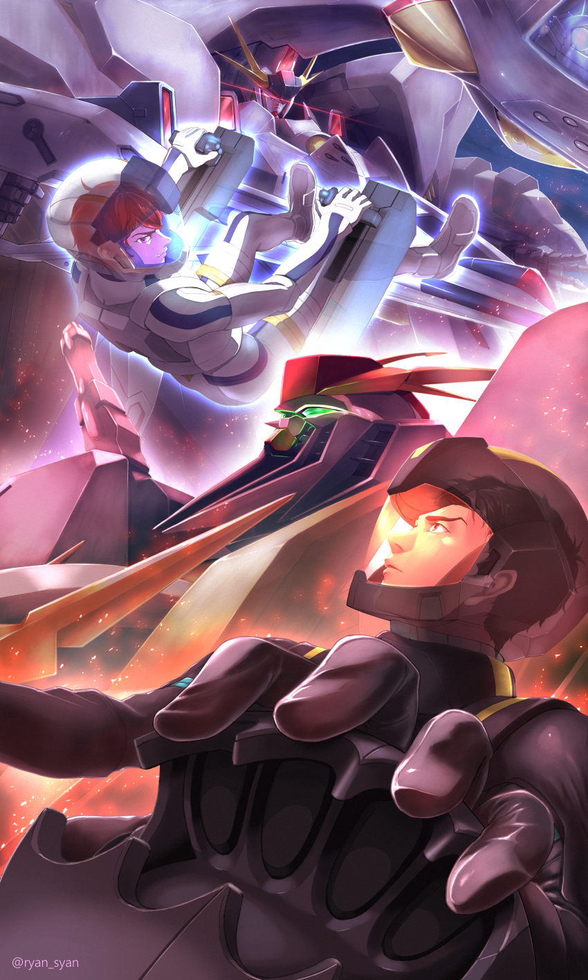 2boys absurdres beam_rifle brown_eyes brown_hair commentary energy_gun gachirin glowing glowing_eyes green_eyes gun gundam gundam_hathaway&#039;s_flash hathaway_noa helmet highres holding holding_gun holding_weapon lane_aim mecha mobile_suit multiple_boys orange_eyes orange_hair penelope_(hathaway&#039;s_flash) pilot_suit pink_eyes robot science_fiction short_hair twitter_username v-fin weapon xi_gundam