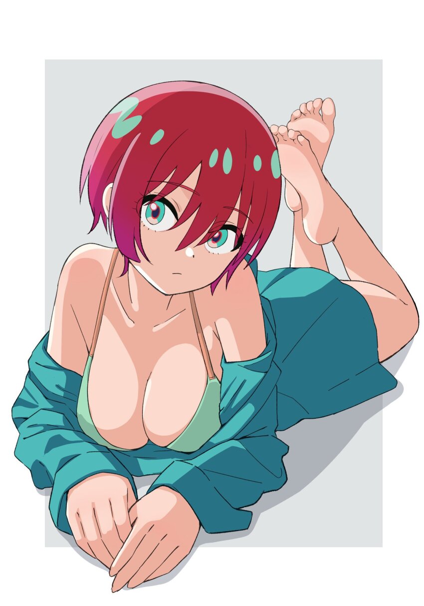1girl amate_yuzuriha aqua_eyes aqua_shirt aqua_skirt bare_shoulders barefoot border bra breasts cleavage closed_mouth collarbone commentary feet grey_background gundam gundam_gquuuuuux highres large_breasts lying off_shoulder on_stomach open_clothes open_shirt outside_border red_hair shirt short_hair skirt soles solo the_pose underwear white_border yami_anko