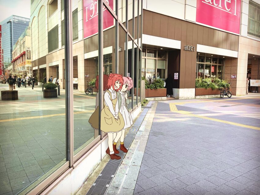 2girls ahoge akaza_akari akihabara_(tokyo) atre_akihabara bicycle blush bobby_socks braille brown_footwear brown_socks building cardigan city closed_mouth collar collared_dress double_bun dress frilled_collar frilled_skirt frills grate green_cardigan hair_bobbles hair_bun hair_intakes hair_ornament highres leaning looking_at_another multiple_girls namori no_smoking open_mouth overall_skirt overalls photo_(medium) photo_background pink_hair placard red_hair reflection sewer_grate sidewalk sign skirt smile socks twintails white_dress white_socks window windowsill yellow_overalls yoshikawa_chinatsu yuruyuri