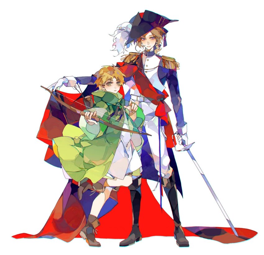 2boys aged_down axis_powers_hetalia blue_jacket boots bow_(weapon) cape child cloak cyuer11 epaulettes france_(hetalia) full_body green_cloak hat highres holding holding_bow_(weapon) holding_sword holding_weapon jacket looking_at_viewer male_focus military_jacket military_uniform multiple_boys plume red_cape red_sash robe sash simple_background standing sword united_kingdom_(hetalia) weapon white_background white_jacket white_robe