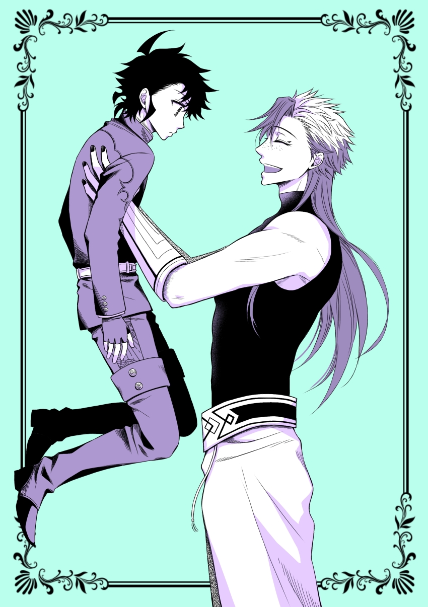 2boys absurdres baggy_pants black_boots black_hair blue_background boots closed_eyes closed_mouth commentary_request fingerless_gloves formal_clothes gloves gokuraku_(madan_no_ichi) greyscale_with_colored_background highres ichi_(madan_no_ichi) long_hair madan_no_ichi messy_hair multicolored_hair multiple_boys nail_polish nanashino2600 open_mouth pants picking_up short_hair smile suit tall_male