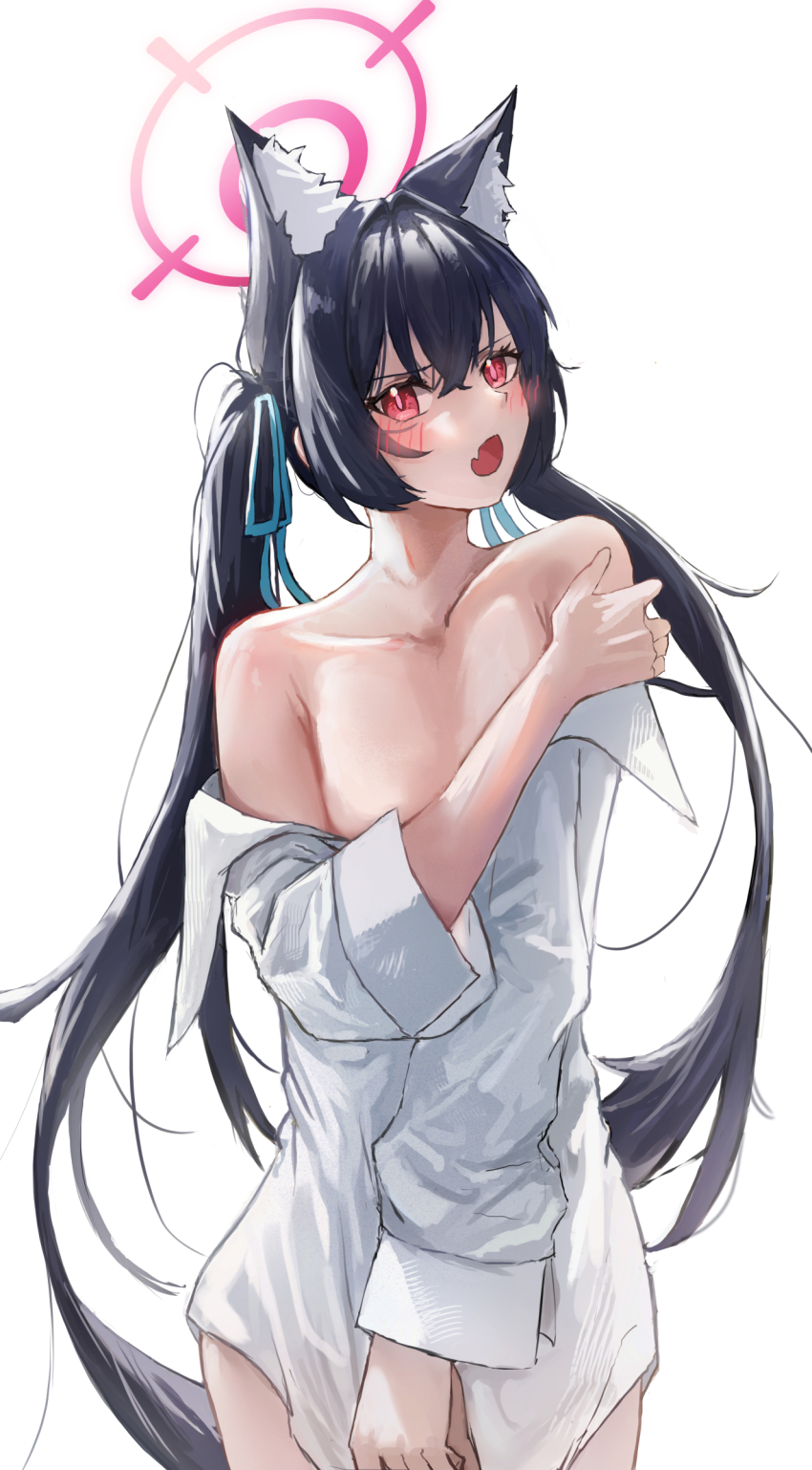 1girl :o absurdres animal_ears bare_shoulders black_hair blue_archive blue_ribbon blush cat_ears cat_girl collarbone collared_shirt commentary covering_breasts covering_crotch covering_privates cowboy_shot crossed_bangs dress_shirt embarrassed extra_ears eyelashes fang floating_hair frown fujiwara_haru_(nekonote) hair_between_eyes hair_intakes hair_ribbon halo highres long_hair long_sleeves looking_at_viewer naked_shirt open_mouth oversized_clothes oversized_shirt pink_halo pink_pupils red_eyes ribbon serika_(blue_archive) shirt sidelocks simple_background skin_fang slit_pupils solo tsurime twintails very_long_hair white_background white_shirt wide_sleeves