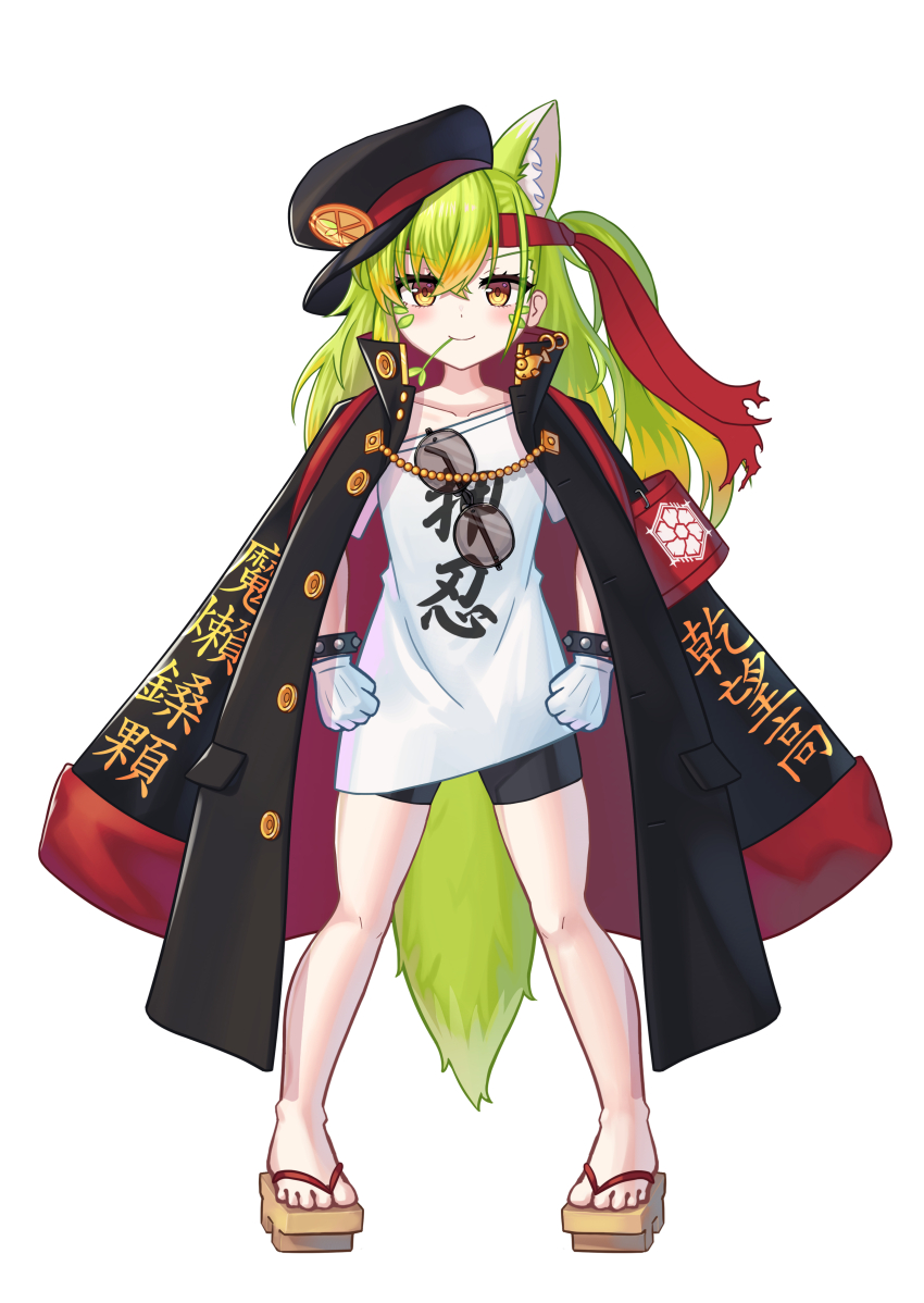 1girl absurdres armband bike_shorts black_coat black_hat black_shorts blonde_hair brown_eyes brown_sandals clenched_hands clothes_writing coat coat_on_shoulders commentary copyright_request english_commentary eyewear_hang full_body geta gloves green_hair hair_between_eyes hat headband highres long_hair mouth_hold multicolored_hair off_shoulder one_side_up peaked_cap red_headband sandals shirt shorts simple_background solo stalk_in_mouth standing stratosphere_(coom1017) streaked_hair studded sunglasses tilted_headwear translation_request unworn_eyewear very_long_hair white_background white_gloves white_shirt