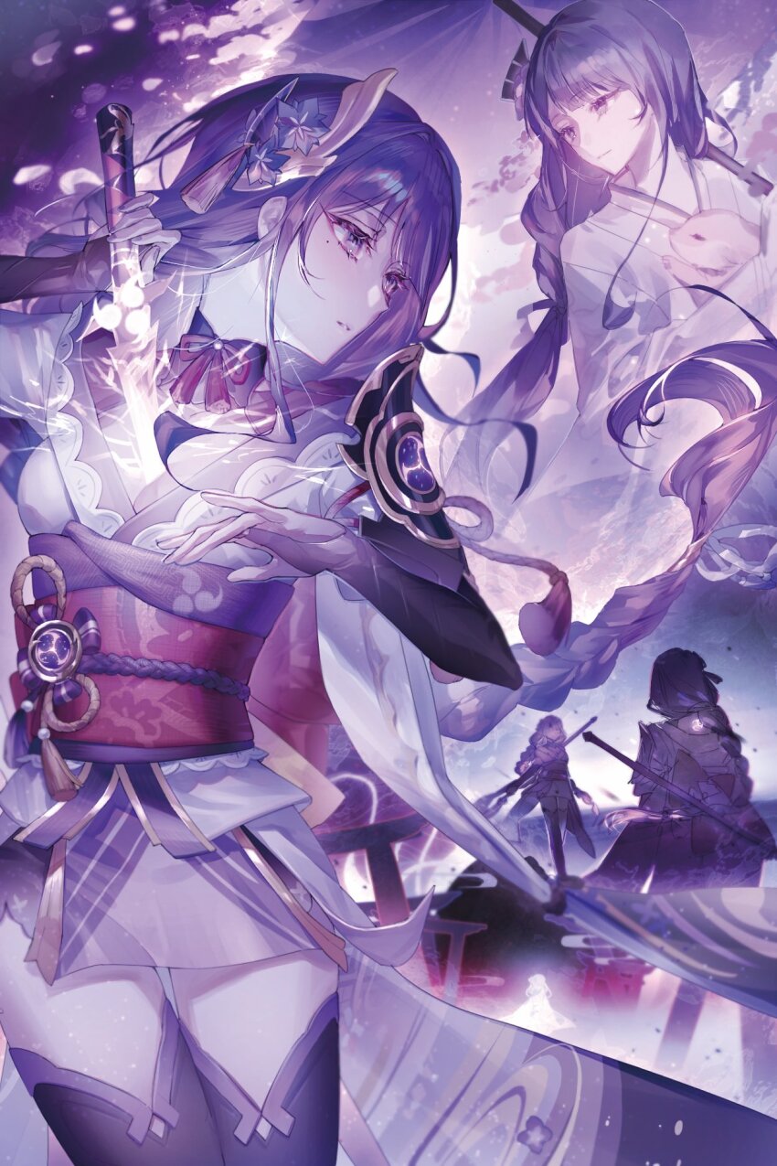 21gnsn 3girls abstract_background armor arms_up back back_bow blue_pupils blunt_bangs bow braid breasts bridal_gauntlets carrying cleavage closed_mouth clothing_cutout dual_persona electricity faceless faceless_female fan_hair_ornament flower flower_ornament fox from_behind from_side genshin_impact glowing glowing_sword glowing_weapon gradient_background hair_flower hair_flowing_over hair_ornament hashtag-only_commentary highres holding holding_polearm holding_sword holding_umbrella holding_weapon japanese_clothes kimono large_breasts long_braid long_hair looking_to_the_side low_wings makoto_(genshin_impact) mitsudomoe_(shape) mole mole_under_eye multicolored_eyes multiple_girls neck_ribbon off_shoulder oil-paper_umbrella parted_lips polearm purple_background purple_eyes purple_flower purple_hair purple_kimono purple_thighhighs raiden_shogun red_ribbon red_sash ribbon sash shoulder_armor shoulder_cutout single_braid standing sword thighhighs thighs tomoe_(symbol) umbrella weapon wings wisteria yae_miko yae_miko_(fox)