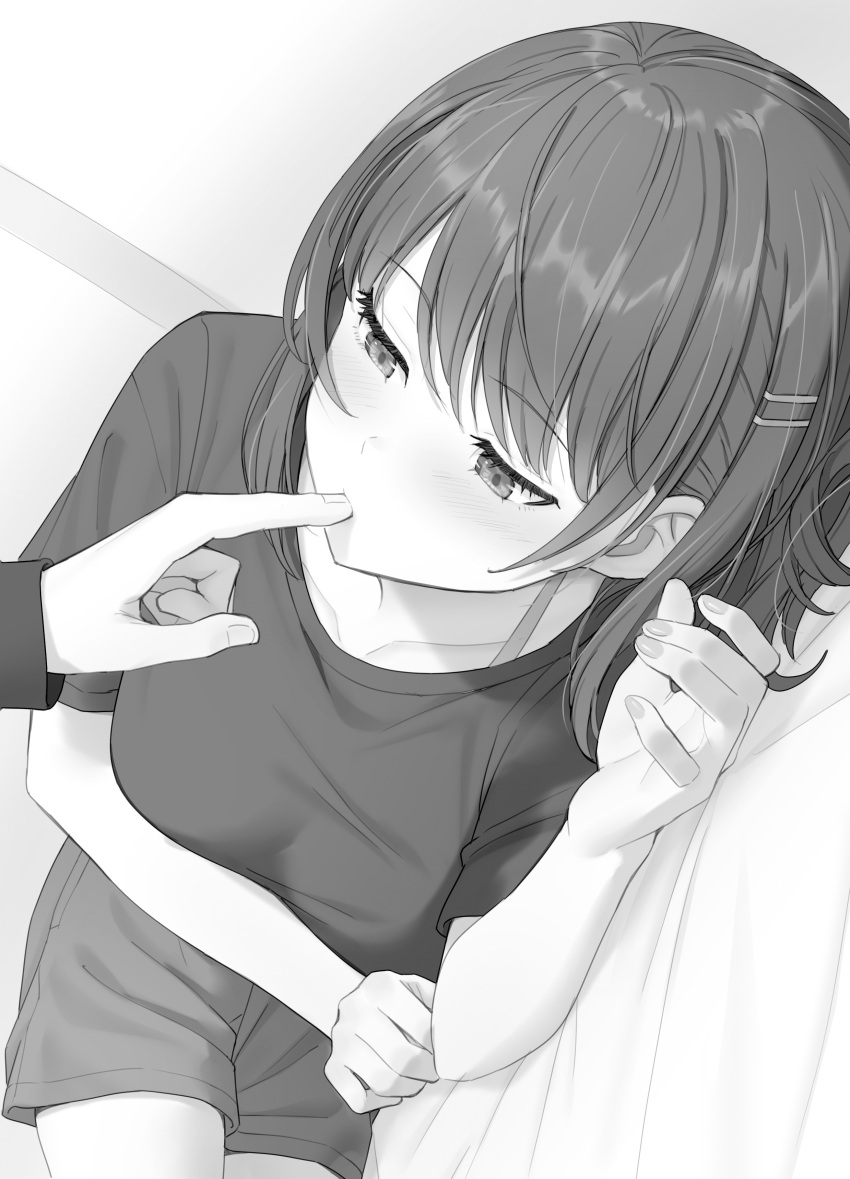 1boy 1girl absurdres breasts finger_sucking fumino_kaede greyscale hair_ornament hairclip half-closed_eyes highres hyuuga_azuri large_breasts light_blush lying monochrome novel_illustration official_art on_bed on_side pov second-party_source senpai_jitaku_keibiin_no_koyou_wa_ikaga_desu_ka short_hair short_sleeves shorts tamachi_hajime