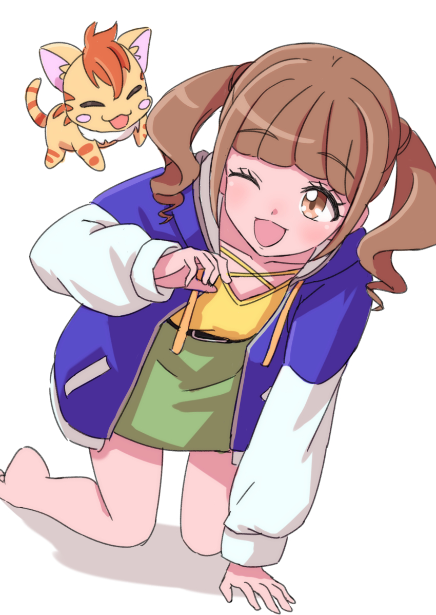 1girl absurdres barefoot belt black_belt blush brown_eyes brown_hair cat fairy green_skirt hakuino_hakase healin&#039;_good_precure highres hiramitsu_hinata jacket long_hair long_sleeves multicolored_jacket nyatoran_(precure) one_eye_closed open_clothes open_jacket open_mouth precure shirt skirt smile solo twintails two-tone_jacket white_background yellow_shirt