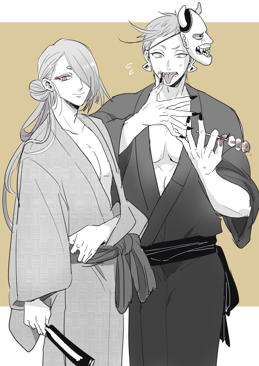 10s 2boys 50yen_(gojiue) absurdres aged_up earrings fingernails folding_fan food hair_over_one_eye hand_fan highres ima-no-tsurugi iwatooshi japanese_clothes jewelry kimono licking licking_finger male_focus mask monochrome multiple_boys oden oni_mask pectoral_cleavage pectorals sharp_fingernails skewer smile tongue tongue_out touken_ranbu yukata