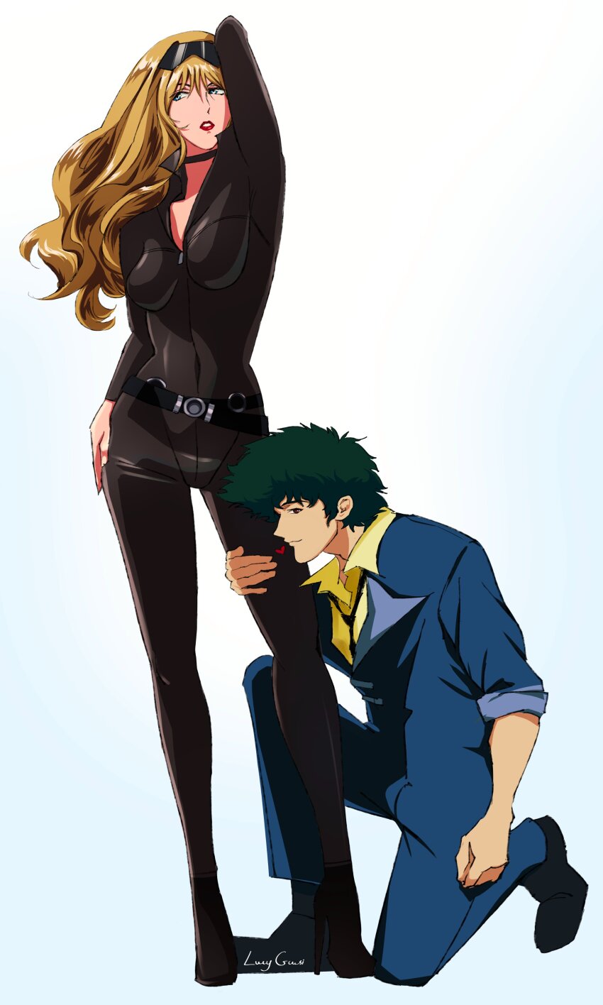 absurdres belt blonde_hair blue_eyes brown_eyes catsuit choker couple cowboy_bebop formal_clothes green_hair highres julia_(cowboy_bebop) lucy_guusi lucyguusi necktie spike_spiegel suit sunglasses