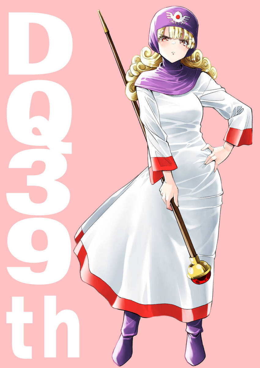 1girl anniversary blonde_hair blunt_bangs boots curly_hair dragon_quest dragon_quest_ii edoyano floating_clothes frown full_body gem hand_on_own_hip hashtag-only_commentary highres holding holding_staff looking_at_viewer mage_staff orange_eyes pink_background princess princess_of_moonbrook purple_boots purple_hood red_gemstone red_trim robe roto&#039;s_emblem solo staff white_robe