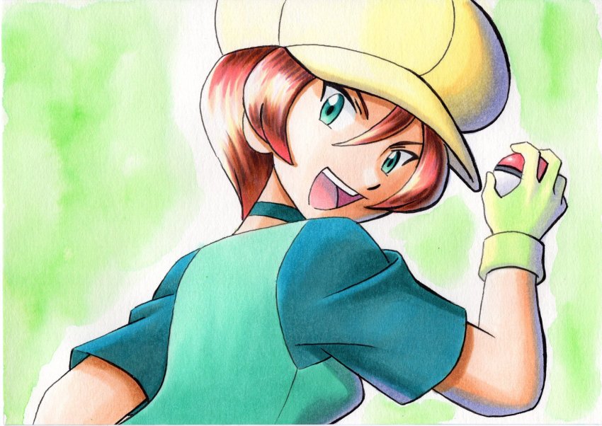 1girl :d brown_hair choker commentary_request game_freak georgia_(pokemon) green_background green_choker green_shirt green_vest hair_between_eyes hand_up hat highres holding holding_poke_ball nintendo oka_mochi open_mouth poke_ball poke_ball_(basic) pokemon pokemon_(anime) pokemon_bw_(anime) shirt short_hair short_sleeves smile solo teeth tongue traditional_media upper_body upper_teeth_only vest yellow_hat