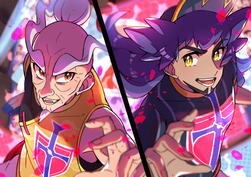 2boys absurdres baseball_cap brown_eyes champion_uniform commentary_request dark-skinned_male dark_skin eyelashes facial_hair fingernails floating_hair galarian_star_tournament hair_bun hat highres leon_(pokemon) long_eyebrows long_hair male_focus multiple_boys mustard_(pokemon) nintendo old old_man open_mouth pokemon pokemon_swsh pon_yui purple_hair shirt short_sleeves single_hair_bun smile split_screen teeth tongue vest yellow_eyes yellow_vest