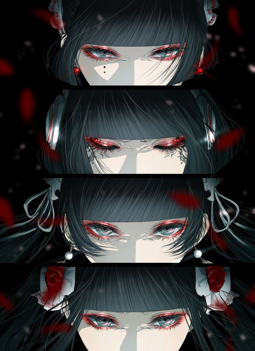 4girls black_hair blunt_bangs closed_eyes commentary earrings eyelashes eyeshadow facial_tattoo falling_petals hair_ornament highres jewelry long_eyelashes long_hair looking_at_viewer maid maid_headdress makeup mole mole_under_eye multiple_girls multiple_moles original persona_eyes petals red_eyeshadow satsuki_kei sidelocks symbol-only_commentary tattoo