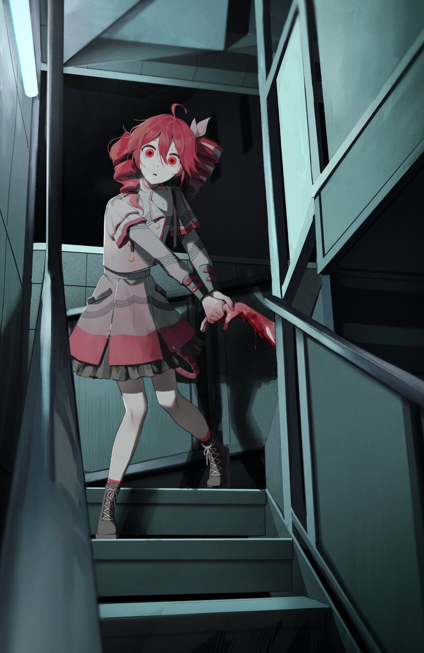 1girl absurdres ahoge ankle_socks aruminsuko black_boots black_skirt black_sleeves blood blood_on_hands boots bow buttons corpse grey_jacket hair_between_eyes hair_bow hair_ribbon highres holding_hands implied_murder indoors jacket juliet_sleeves kasane_teto kasane_teto_(sv) lace-up_boots layered_skirt long_sleeves looking_at_viewer midriff_peek musical_staff musical_staff_print puffy_sleeves red_hair red_skirt red_trim ribbon skirt socks stairs standing striped_clothes striped_jacket sweat synthesizer_v utau variant_set white_bow white_ribbon