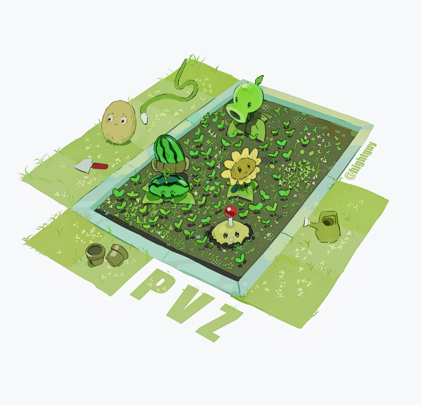 artist_name black_eyes buck_teeth closed_mouth commentary copyright_name dirt flower flower_pot food from_above fruit green_eyes grey_background highres hightguy hose leaf looking_at_viewer looking_to_the_side melon-pult_(plants_vs._zombies) no_humans on_grass peashooter_(plants_vs._zombies) plants_vs._zombies potato_mine_(plants_vs._zombies) shovel simple_background smile solid_oval_eyes sunflower sunflower_(plants_vs._zombies) teeth watering_can watermelon
