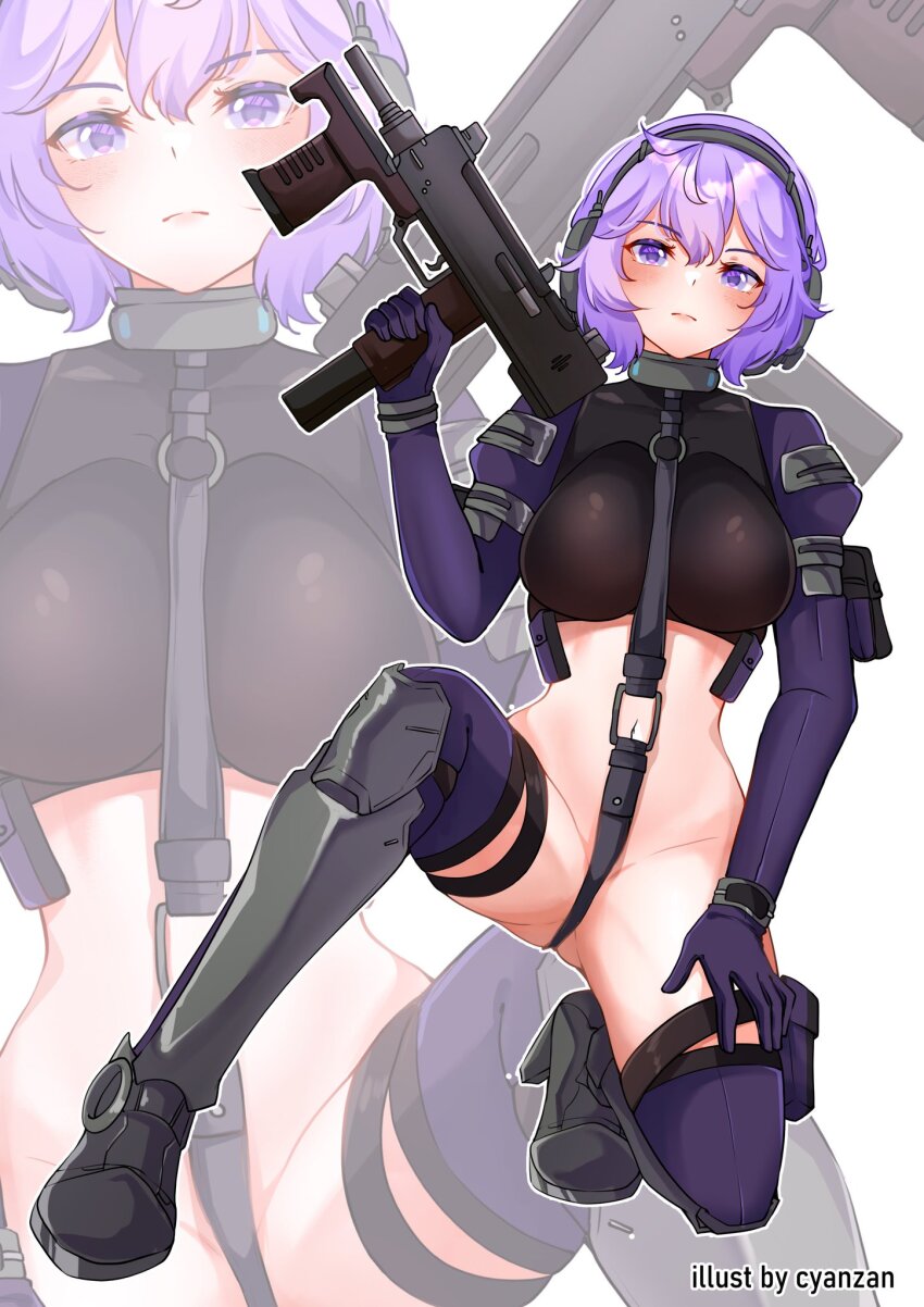 1girl armor beyond_citadel black_shirt blush boots crop_top crotch_strap cyanzan eyebrows eyelashes female_focus full_body gloves greaves gun high_heel_boots high_heels highres holding holding_gun holding_weapon legs_apart looking_at_viewer martyr_(the_citadel) navel pouch purple_gloves purple_sleeves purple_thighhighs second-party_source shirt signature simple_background solo spread_legs squatting submachine_gun the_citadel thigh_pouch thighhighs thighs weapon white_background