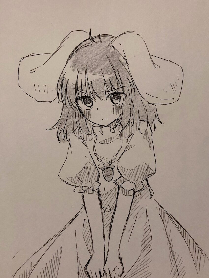 1girl animal_ears blush carrot carrot_necklace closed_mouth commentary_request floppy_ears greyscale highres inaba_tewi jewelry light_frown long_hair looking_at_viewer monochrome necklace pendant rabbit_ears rabbit_girl short_sleeves solo touhou traditional_media zeppachi