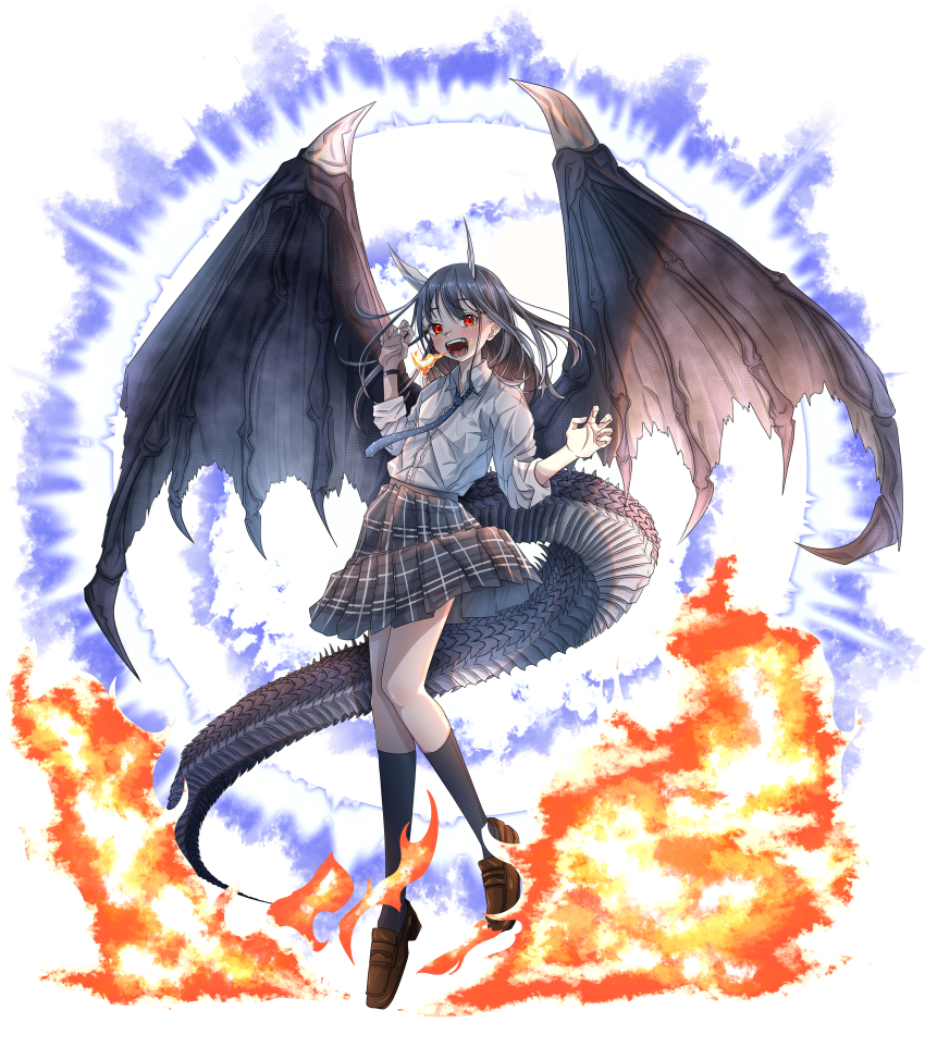 1girl absurdres aoki_ruri black_hair black_wings blue_necktie blush breath_weapon breathing_fire brown_shoes collared_shirt commentary_request dragon_girl dragon_horns dragon_tail dragon_wings eyelashes fire full_body highres horns kagura_(05410zura) loafers long_hair long_sleeves looking_at_viewer necktie open_mouth plaid_clothes plaid_skirt pleated_skirt polka_dot_necktie red_eyes ruri_dragon school_uniform sharp_teeth shirt shoes sidelocks simple_background skirt sleeves_rolled_up slit_pupils solo standing swept_bangs tachi-e tail teeth white_background white_shirt wings