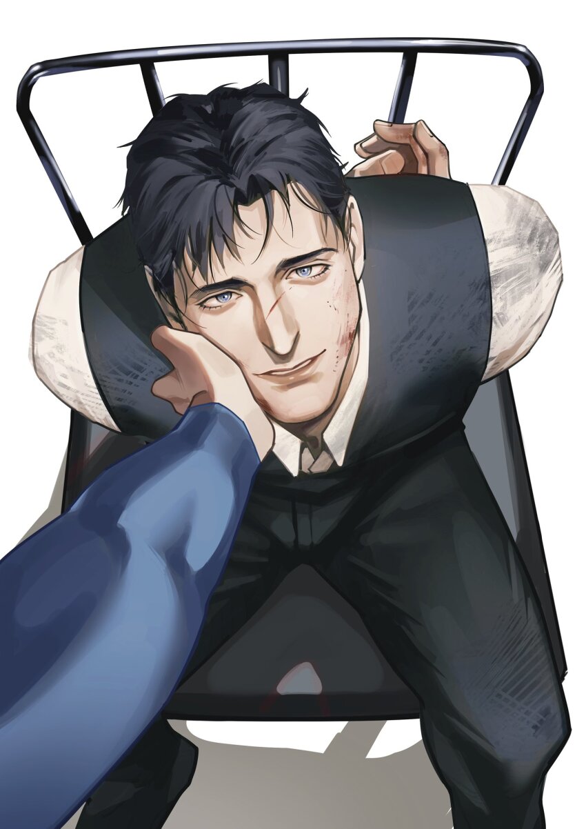 2boys arms_behind_back batman_(series) black_hair black_pants black_vest blood blood_on_face blue_bodysuit blue_eyes bodysuit bruce_wayne bruise bruise_on_hand chair collared_shirt commentary curtained_hair dc_comics dress_shoes english_commentary frieda_li highres injury looking_at_viewer male_focus multiple_boys outstretched_arm pants shadow shirt sitting smile solo_focus superman superman_(series) vest white_shirt wing_collar yaoi