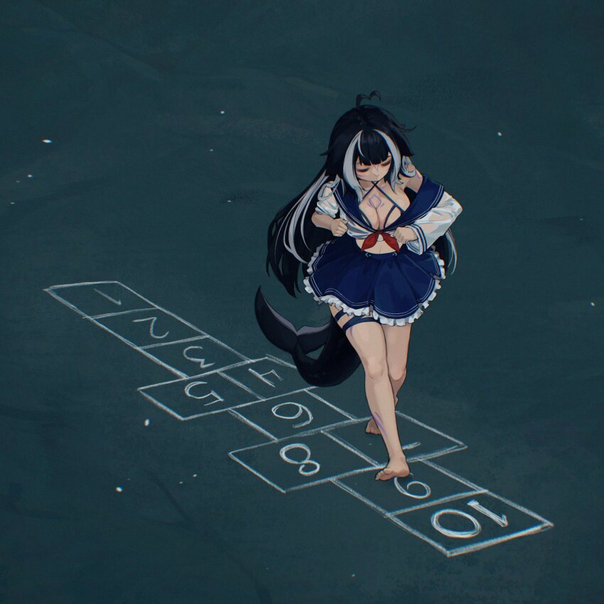 1girl ahoge animal_ears barefoot bikini bikini_under_clothes black_hair blue_bikini blue_skirt body_markings breasts cat_ears cetacean_tail cleavage closed_mouth facial_mark fins fish_tail haedgie heart heart_ahoge highres hopscotch indie_virtual_youtuber large_breasts orca_girl shirt shylily shylily_(1st_costume) skirt swimsuit tail virtual_youtuber white_hair white_shirt