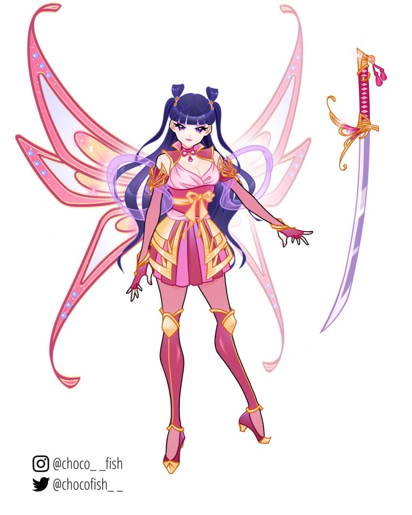 1girl alternate_costume armor asian bare_shoulders blue_hair blunt_bangs breasts chocofish choker cleavage closed_mouth collar commentary corset detached_collar detached_sleeves english_commentary fairy fairy_wings fingerless_gloves full_body gloves hagoromo hair_bobbles hair_ornament hair_rings hakama hakama_short_skirt hakama_skirt happy high_heels highres instagram_username japanese_armor japanese_clothes katana knee_pads kusazuri lapels lipstick long_hair long_sleeves magical_girl makeup musa_(winx_club) nail_polish neck_ribbon notched_lapels oversized_wings pantyhose pendant_choker pink_choker pink_collar pink_corset pink_gloves pink_hakama pink_lips pink_nails pink_pantyhose pink_ribbon pink_shirt pink_shoes pink_sleeves pink_wings purple_eyes reference_sheet ribbon shawl shirt shoes simple_background skirt smile solo sword twitter_username two_side_up very_long_hair waist_ribbon watermark wavy_hair weapon white_background wings winx_club yellow_ribbon