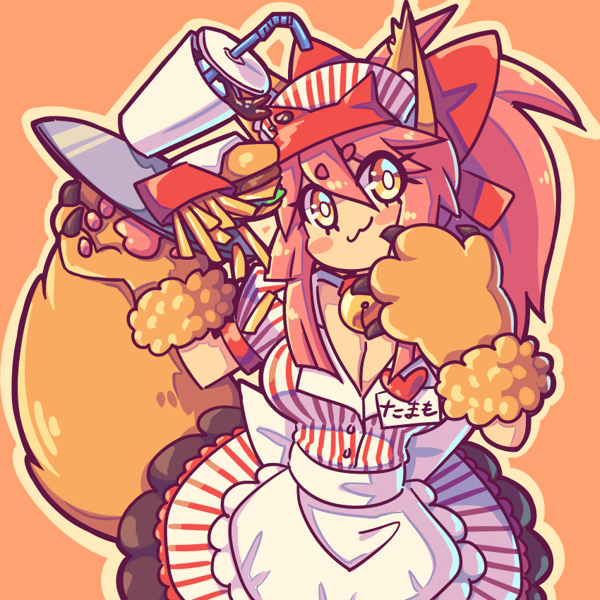 1girl animal_ear_fluff animal_ears animal_hands apron bell bow breasts burger cleavage cup daigada disposable_cup dress fate/extra fate/grand_order fate_(series) food fox_ears fox_girl fox_tail french_fries gloves hair_between_eyes hair_bow hat highres jingle_bell large_breasts long_hair looking_at_viewer neck_bell paw_gloves pink_hair ponytail puffy_short_sleeves puffy_sleeves red_bow red_dress red_hat short_sleeves sidelocks smile soda solo striped_clothes striped_dress tail tamamo_(fate) tamamo_cat_(fate) tamamo_cat_(lostroom_outfit)_(fate) tray visor_cap waist_apron yellow_eyes