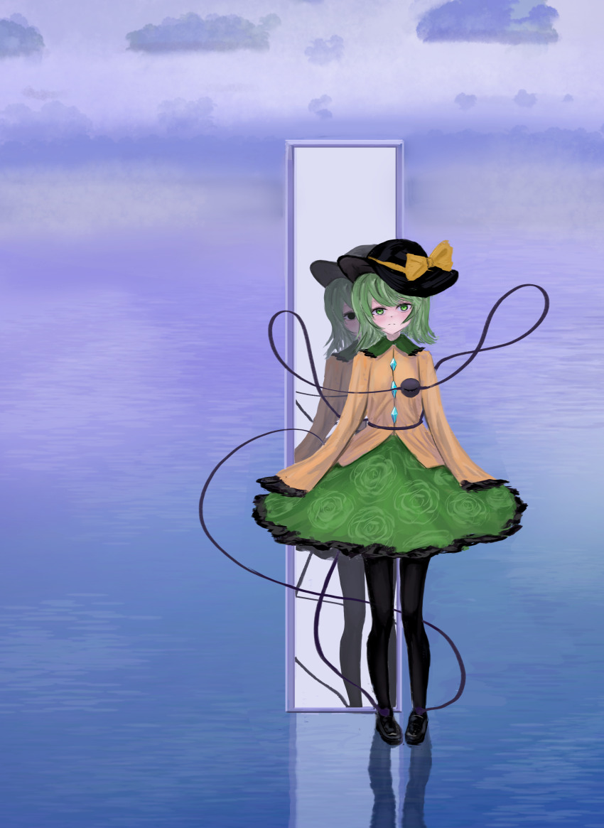 1girl absurdres black_eyes black_hat black_pantyhose black_shoes black_trim bow dark_persona different_reflection floral_print floral_print_one-piece_swimsuit green_bow green_eyes green_hair green_shirt green_skirt hat hat_bow heart heart_of_string highres komeiji_koishi long_sleeves medium_hair mirror no_pupils pantyhose reflection rose_print shirt shoes skirt sleeves_past_fingers sleeves_past_wrists solo standing thefatum touhou wide_brim