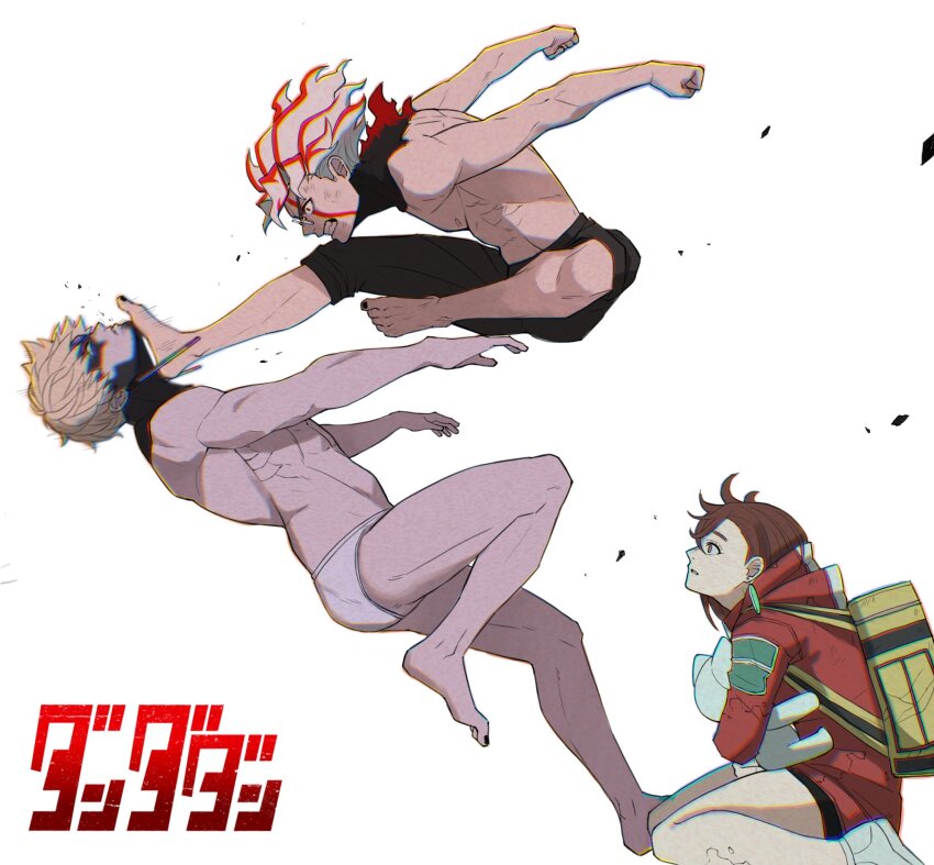 2boys 2girls ayase_momo backpack bag bare_legs barefoot blonde_hair brown_hair cat clenched_teeth commentary_request copyright_name dandadan debris earrings enjoji_jin evil_eye_(dandadan) facial_mark from_side full_body glasses highres jacket jewelry kicking korean_commentary looking_at_another male_underwear multicolored_hair multiple_boys multiple_girls profile protecting red_hair red_jacket round_eyewear short_hair simple_background sitting takakura_ken_(dandadan) takakura_ken_(transformed)_(dandadan) teeth toned toned_male topless_male transformation turbo_granny_(dandadan) two-tone_hair underwear wariza white_background white_hair wolf6481