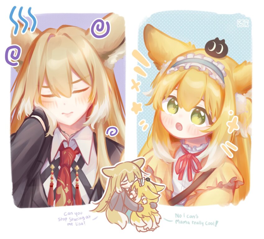 2girls :o animal_ears arknights blonde_hair blush chibi closed_eyes closed_mouth commentary creature creature_on_head embarrassed english_commentary english_text frilled_hairband frills green_eyes grey_hairband haaiiro hair_between_eyes hairband hand_on_own_neck heixiu highres hug long_hair looking_at_another luo_xiaohei_zhanji mother_and_daughter multicolored_hair multiple_girls neck_ribbon official_alternate_costume open_mouth red_ribbon ribbon streaked_hair suzuran_(arknights) suzuran_(spring_praise)_(arknights) tassel vulpisfoglia_(arknights) white_hair