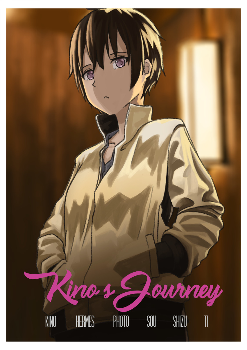 1girl absurdres alternate_costume androgynous black_hair bomber_jacket character_name commentary cosplay drive_(movie) english_commentary english_text frown hands_in_pockets highres jacket kino_(kino_no_tabi) kino_no_tabi light_frown looking_at_viewer movie_poster pants parody popped_collar poster_(medium) purple_eyes reverse_trap ryan_gosling short_hair spitzernt tomboy yellow_jacket zipper