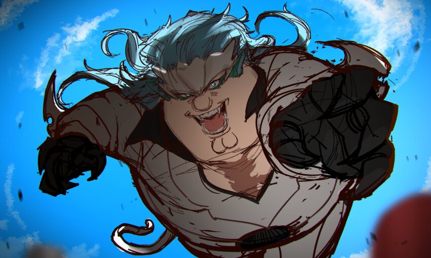1boy absurdres black_gloves bleach blue_eyes blue_hair blue_sky cleft_chin cloud cosplay day falling family_guy fangs fat fat_man from_above gloves grimmjow_jaegerjaquez grimmjow_jaegerjaquez_(cosplay) highres kowai_(iamkowai) looking_at_viewer male_focus open_mouth outdoors peter_griffin reaching reaching_towards_viewer resurreccion scar scar_on_chest sky solo teeth