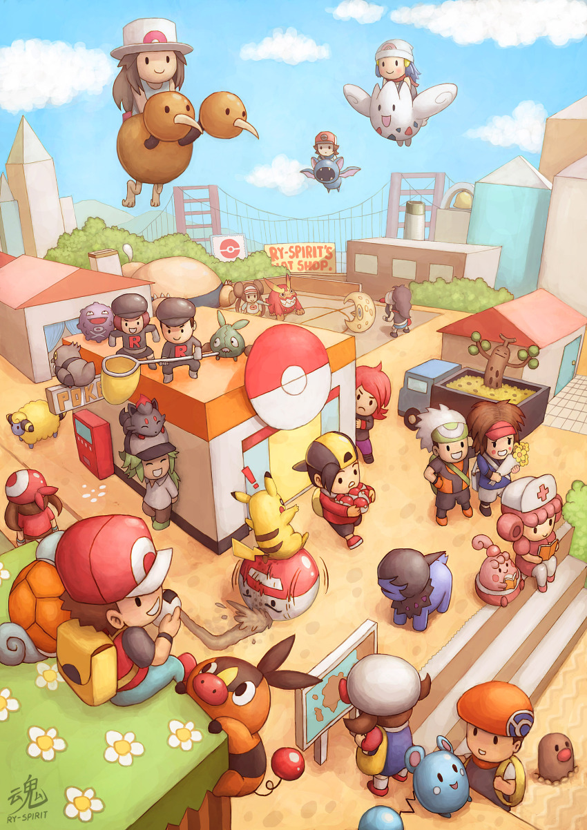 ! 6+boys 6+girls absurdres artist_name azurill backpack bag black_headwear black_pants black_shirt blue_pants blue_sky brendan_(pokemon) bridge brown_hair building butterfly_net chibi cloud commentary darmanitan dawn_(pokemon) day deino_(pokemon) diglett doduo electrode_(pokemon) english_commentary ethan_(pokemon) flower flying food gen_1_pokemon gen_2_pokemon gen_3_pokemon gen_4_pokemon gen_5_pokemon grass green_hair hand_net happiny hat highres hilbert_(pokemon) hilda_(pokemon) holding holding_food holding_poke_ball joy_(pokemon) koffing leaf_(pokemon) lucas_(pokemon) lunatone lyra_(pokemon) mareep may_(pokemon) motor_vehicle multiple_boys multiple_girls n_(pokemon) nate_(pokemon) nintendo on_head onigiri outdoors pants pidove pikachu poke_ball poke_ball_symbol pokemon pokemon_(creature) pokemon_bw pokemon_bw2 pokemon_center pokemon_dppt pokemon_emerald pokemon_frlg pokemon_hgss pokemon_on_head pokemon_rse red_(pokemon) red_hair red_headwear red_shirt rosa_(pokemon) ry-spirit shirt signature silver_(pokemon) sitting sky snorlax squirtle sudowoodo team_rocket team_rocket_grunt team_rocket_uniform teeth tepig togekiss town trubbish truck watermark white_flower white_hair white_shirt zorua zubat