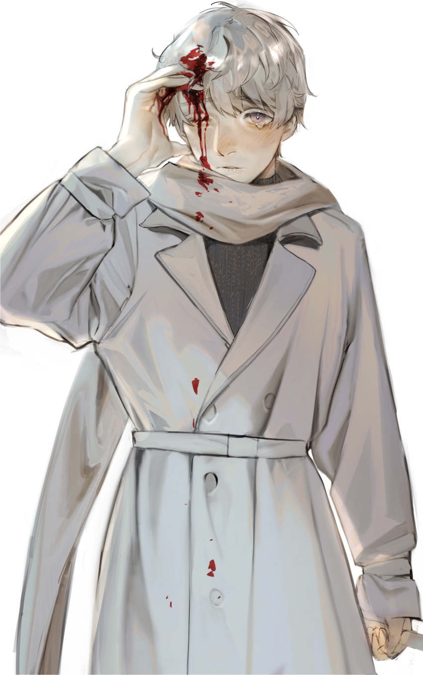 1boy absurdres axis_powers_hetalia belt blood blood_in_hair blood_on_clothes blood_on_face blush buttons closed_mouth coat cowboy_shot grey_hair grey_sweater hair_between_eyes hand_on_own_head hand_up highres holding holding_lead_pipe koto_hara lapels lead_pipe long_sleeves looking_up male_focus one_eye_closed puffy_long_sleeves puffy_sleeves purple_eyes russia_(hetalia) scarf short_hair simple_background solo standing sweater tearing_up turtleneck turtleneck_sweater white_background white_belt white_coat white_scarf