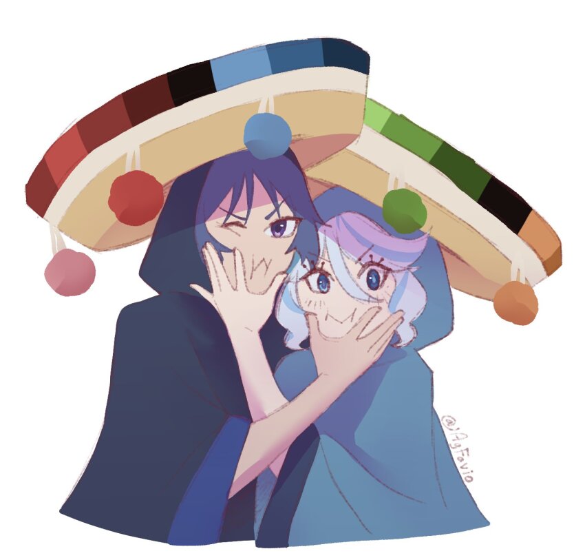 1boy 1girl agfavio alternate_costume alternate_headwear black_hood blue_eyes blue_hair blue_hood blunt_ends blush cheek_squash cloak closed_mouth cropped_torso eyelash_ornament furina_(genshin_impact) genshin_impact hand_on_another&#039;s_face hat highres hood hood_up hooded_cloak looking_at_viewer mexican_clothes multicolored_hair one_eye_closed purple_eyes purple_hair scaramouche_(genshin_impact) sombrero streaked_hair twitter_username v-shaped_eyebrows white_background white_hair wispy_bangs