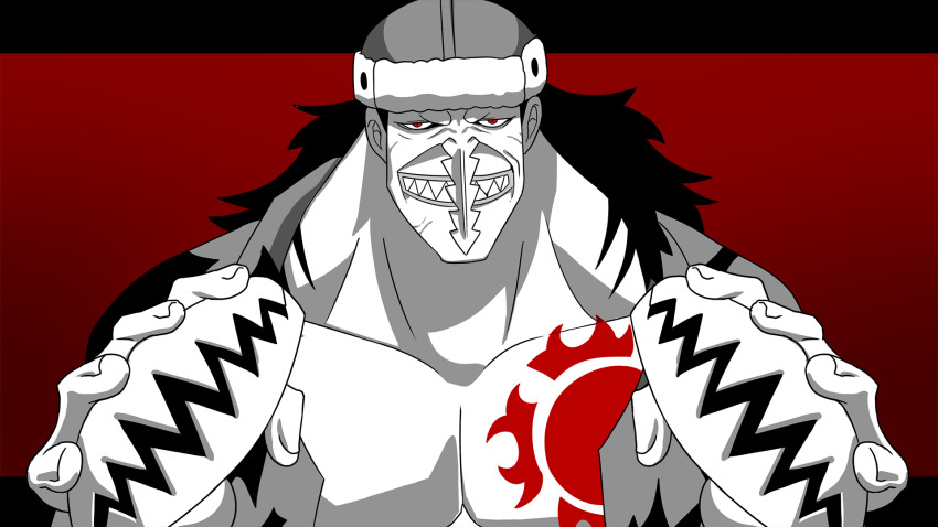 1boy arlong chest_tattoo coat collarbone drunkoak furrowed_brow gradient_background half-closed_eyes hands_up hat highres holding long_hair long_nose looking_at_viewer male_focus monochrome muscular muscular_male one_piece open_clothes open_coat pectorals red_background red_eyes sharp_teeth simple_background solo standing straight-on tattoo teeth upper_body