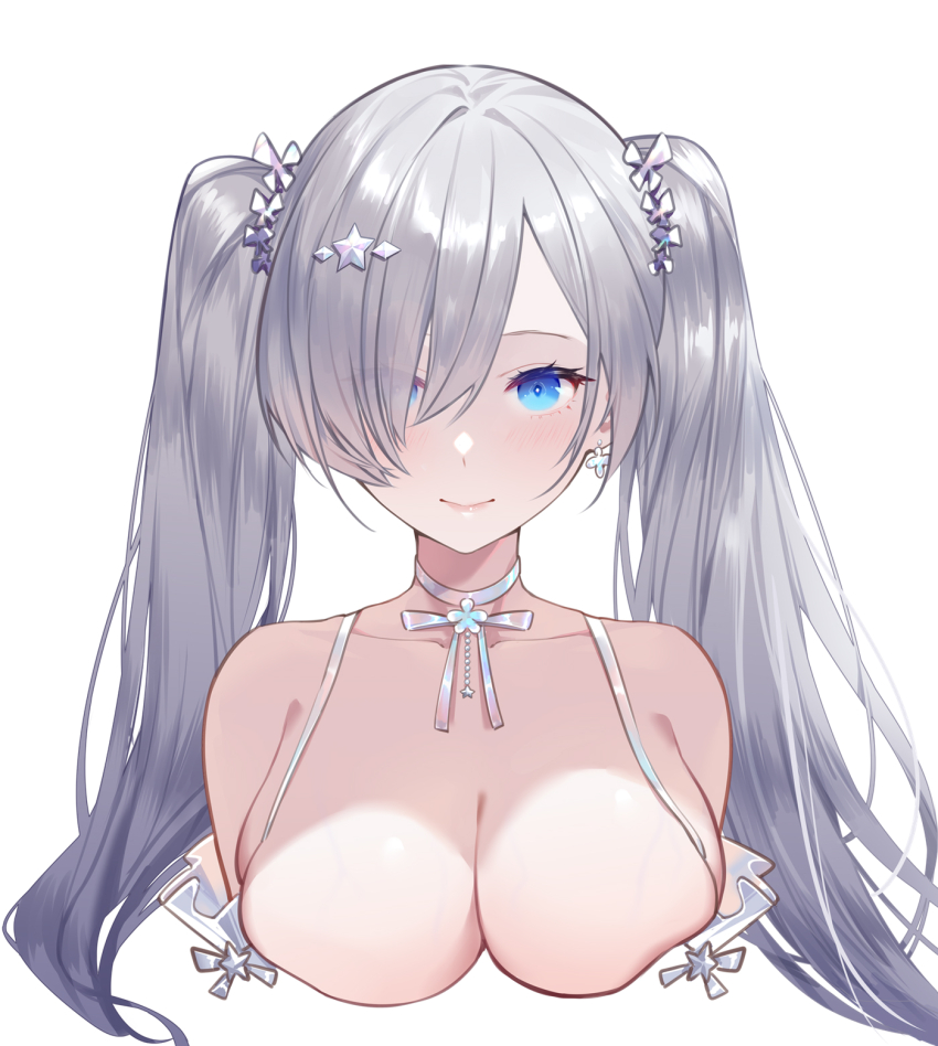 1girl blue_eyes breast_cutout breasts choker cinderella cinderella_(glass_princess)_(nikke) cinderella_(nikke) closed_mouth commentary earrings goddess_of_victory:_nikke hair_between_eyes hair_over_one_eye highres jewelry large_breasts light_blush long_hair official_alternate_costume pale_skin simple_background smile solo tight_clothes twintails upper_body white_background xion32