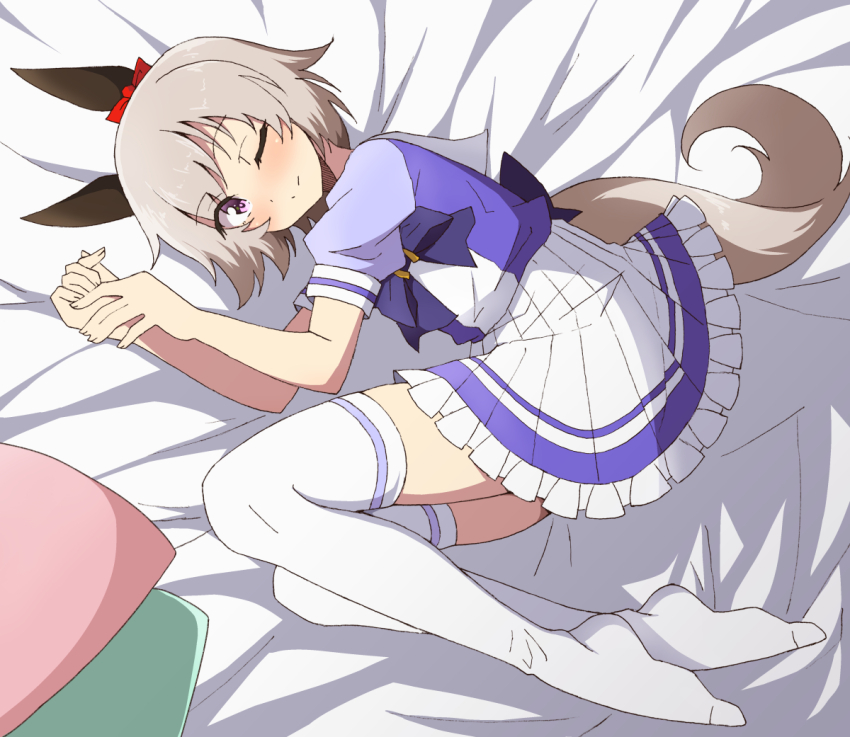 1girl ;) animal_ears back_bow blush bow bowtie curren_chan_(umamusume) ear_bow ear_covers from_above full_body grey_hair horse_ears horse_girl horse_tail horseshoe_ornament large_bow looking_at_viewer lying nel-c no_shoes on_side one_eye_closed pillow pleated_skirt puffy_short_sleeves puffy_sleeves purple_bow purple_bowtie purple_eyes purple_serafuku purple_shirt red_bow sailor_collar sailor_shirt school_uniform serafuku shirt short_hair short_sleeves skirt smile solo summer_uniform tail thighhighs tracen_school_uniform umamusume white_skirt white_thighhighs