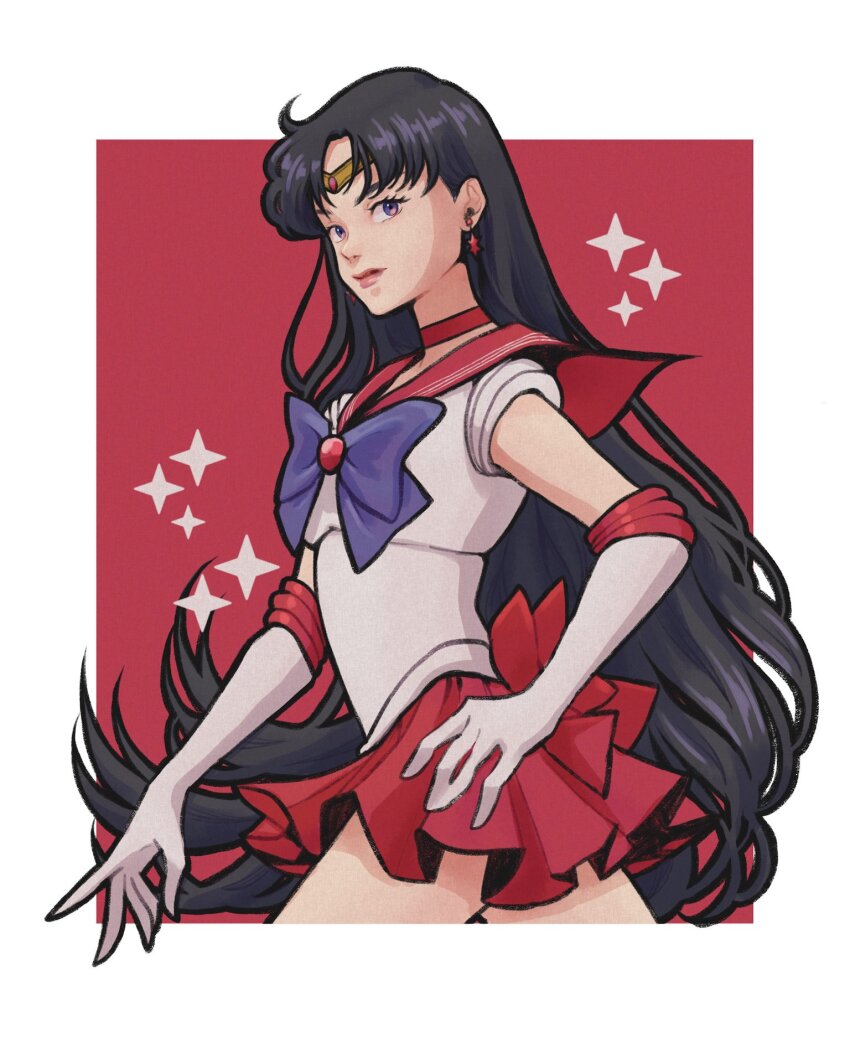 1girl back_bow bishoujo_senshi_sailor_moon black_hair blue_bow blue_bowtie border bow bowtie choker circlet earrings elbow_gloves from_side gloves highres hino_rei inner_senshi jewelry long_hair looking_afar miniskirt outside_border pixelian1989 purple_eyes red_background red_bow red_choker red_sailor_collar red_skirt sailor_collar sailor_mars sailor_senshi sailor_senshi_uniform skirt solo star_(symbol) very_long_hair white_border white_gloves