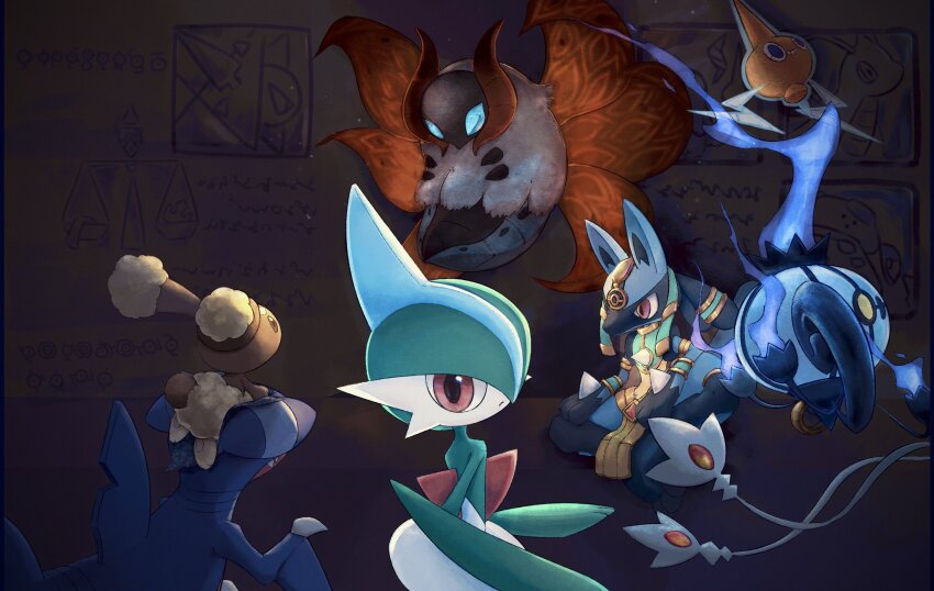 azelf blue_eyes blue_fire blue_skin brown_eyes brown_fur bug buneary chandelure clothed_pokemon colored_skin dragonite fire fireblast gabite gallade gen_1_pokemon gen_4_pokemon gen_5_pokemon glowing glowing_eyes green_hair highres insect legendary_pokemon lucario moth multiple_wings nintendo no_humans pokemon pokemon_(creature) rabbit red_eyes regigigas rotom rotom_(normal) sharp_teeth sitting teeth unownglyphics volcarona white_fur white_skin wings yellow_eyes