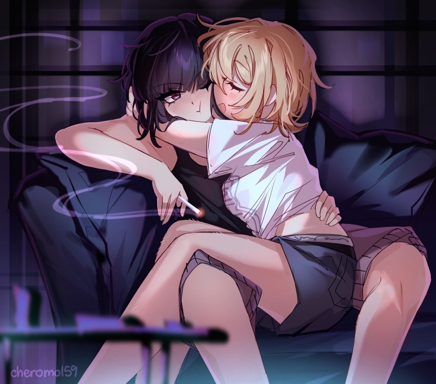 2girls :d :t absurdres black_hair black_tank_top blonde_hair blush cheek-to-cheek cheromo159 cigarette closed_eyes commentary couch don_quixote_(project_moon) english_commentary hand_on_another&#039;s_waist heads_together highres holding holding_cigarette limbus_company multiple_girls one_eye_closed open_mouth project_moon red_eyes ryoshu_(project_moon) shirt short_hair shorts sitting sitting_on_lap sitting_on_person smile smoke tank_top twitter_username white_shirt yuri