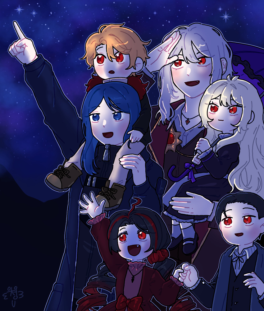 2boys 4girls aged_down bari_(project_moon) black_dress black_hair black_jacket blonde_hair blue_eyes blue_hair blue_jacket cryung9913 curiambro_(project_moon) don_quixote_(project_moon) dress dulcinea_(project_moon) grey_hair highres jacket la_manchaland&#039;s_don_quixote_(project_moon) limbus_company long_hair long_sleeves multicolored_hair multiple_boys multiple_girls nicolina_(project_moon) night night_sky open_mouth project_moon red_dress red_eyes red_hair sancho_(project_moon) shirt short_hair sky streaked_hair