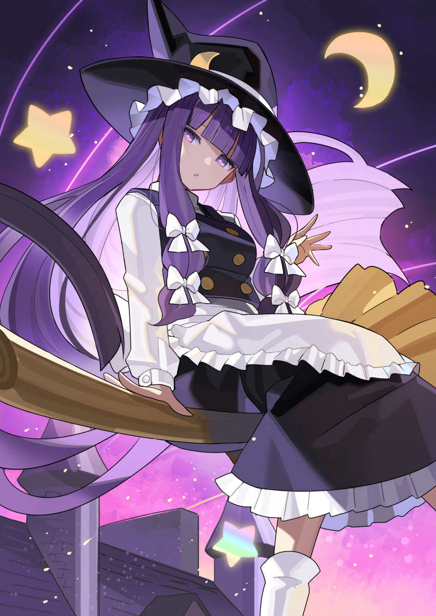 1girl absurdres black_hat blunt_bangs bow broom broom_riding commentary cosplay crescent_moon falken_(yutozin) hair_bow hat highres kirisame_marisa kirisame_marisa_(cosplay) long_hair looking_at_viewer moon patchouli_knowledge purple_eyes purple_hair revision sitting solo star_(symbol) touhou white_bow witch witch_hat