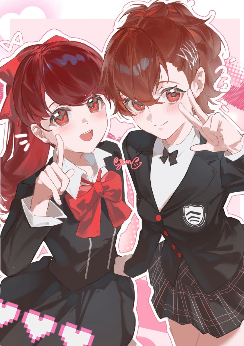2girls black_bow black_shirt black_skirt blazer blush bow closed_mouth cosplay costume_switch gekkoukan_high_school_uniform hair_bow hair_ornament hairclip heart highres jacket long_sleeves looking_at_viewer multiple_girls open_mouth persona persona_3 persona_3_portable persona_5 persona_5_the_royal pink_background plaid_clothes plaid_skirt pointing pointing_up ponytail red_bow red_eyes red_hair school_uniform shiomi_kotone shirt shuujin_academy_school_uniform skirt smile v yoshizawa_kasumi yun_(dl2n5c7kbh8ihcx)