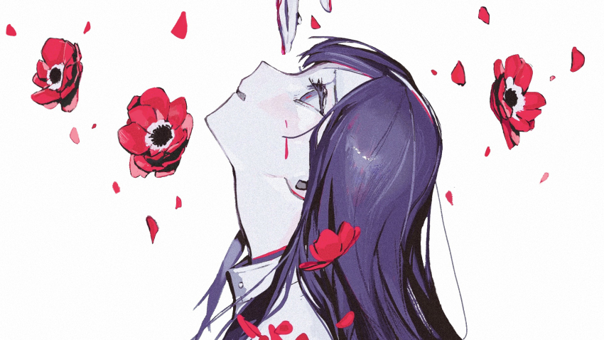 1girl anemone_(flower) commentary_request falling_petals floral_background flower from_side highres long_hair looking_up mitsubachi_(roundbee) original parted_lips petals profile purple_hair red_flower sad simple_background solo upper_body white_background
