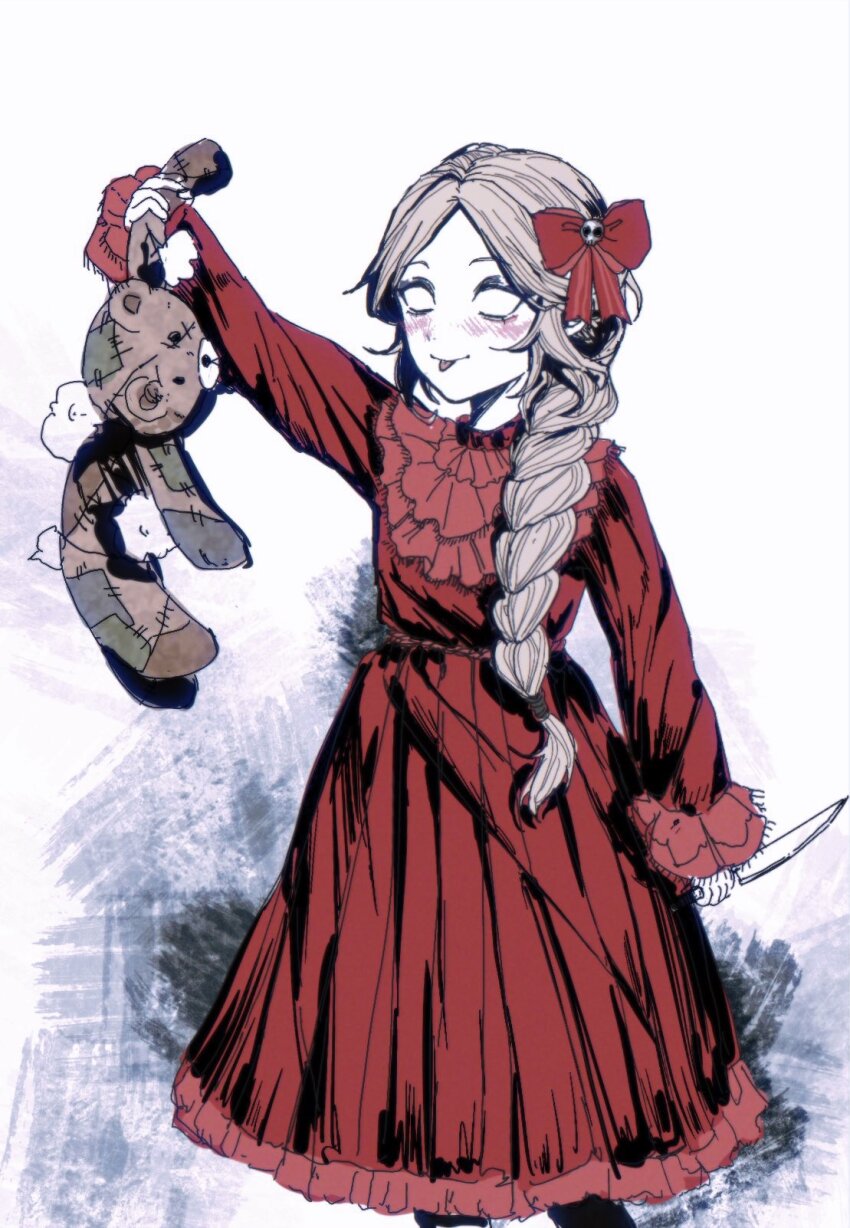 1girl :p aged_down alternate_costume baldur&#039;s_gate baldur&#039;s_gate_3 blank_eyes blonde_hair blush bow braid child colored_skin commentary crutch_c dagger dress dungeons_&amp;_dragons english_commentary facing_viewer feet_out_of_frame frilled_dress frilled_sleeves frills hair_bow hair_over_shoulder highres holding holding_dagger holding_knife holding_stuffed_toy holding_weapon knife long_hair long_sleeves low-braided_long_hair low-tied_long_hair orin_the_red outstretched_arm red_bow red_dress simple_background single_braid smile solo standing stuffed_animal stuffed_toy stuffing teddy_bear tongue tongue_out weapon white_background white_skin