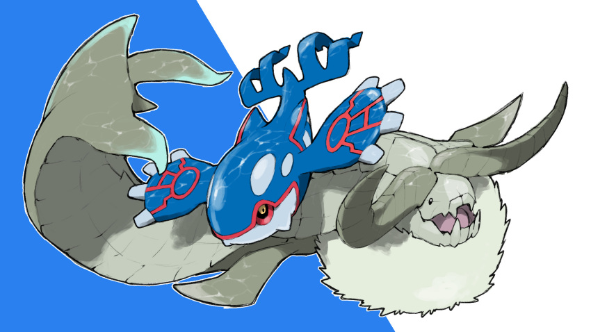 animal_focus black_sclera blacknirrow ceadeus closed_mouth colored_sclera creatures_(company) crossover fangs game_freak gen_3_pokemon highres kyogre legendary_pokemon monster monster_hunter_(series) nintendo no_humans open_mouth outline pokemon pokemon_(creature) simple_background skin_fangs two-tone_background white_background white_fur white_outline yellow_eyes