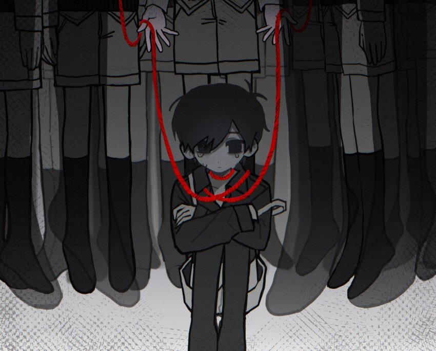 6+boys alternate_costume alternate_sleeve_length antenna_hair bags_under_eyes chromatic_aberration clone closed_mouth collarbone collared_shirt commentary crossed_arms crying crying_with_eyes_open elbows_on_knees empty_eyes full_body grey_background greyscale hair_behind_ear hair_between_eyes holding holding_rope kneehighs knees_up light_frown long_sleeves male_focus monochrome multiple_boys multiple_persona no_pupils omori omori_(omori) puffy_long_sleeves puffy_sleeves rope rou_(h_s_sinrin) sad shirt short_hair shorts simple_background sitting socks solo_focus spot_color straight-on strap_slip sunny_(omori) suspender_shorts suspenders swept_bangs symbol-only_commentary tears thighhighs very_short_hair