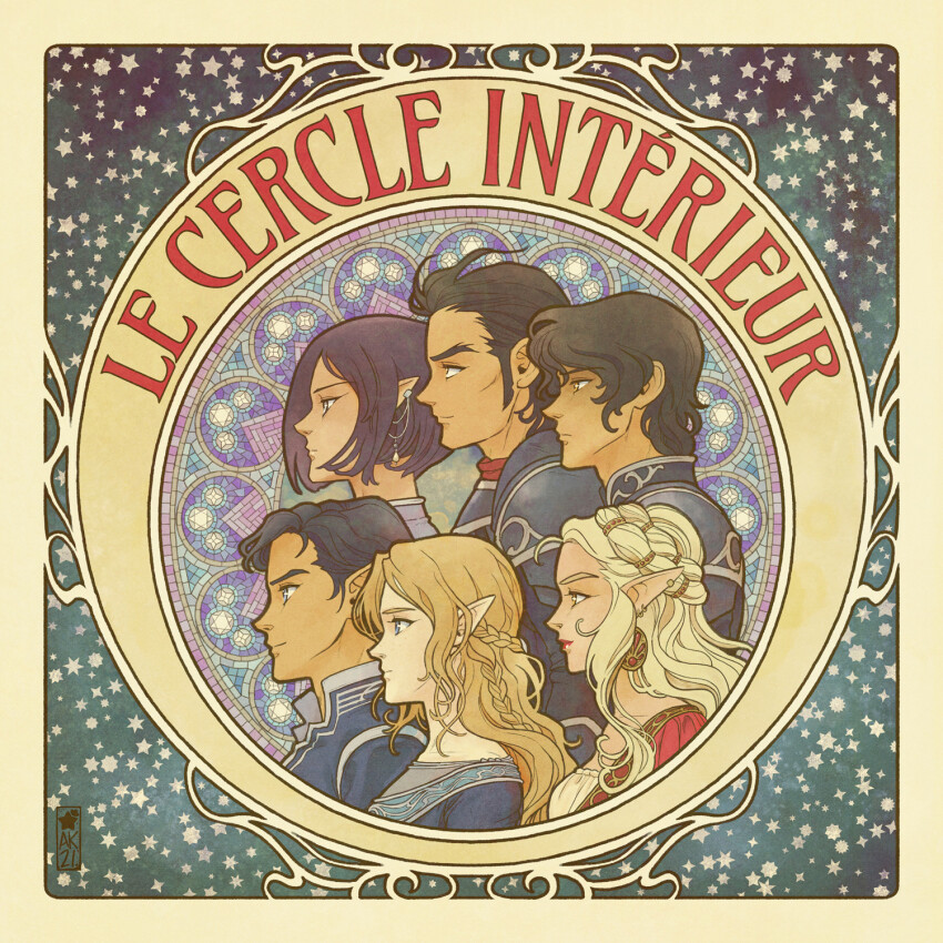 3boys 3girls a_court_of_thorns_and_roses_(series) amren_(acotar) armor art_nouveau artist_logo azriel_(acotar) black_hair blonde_hair border braid brown_hair cassian_(acotar) commentary earrings english_commentary feyre_archeron french_text from_side hair_ornament highres jewelry logo long_hair morrigan_(acotar) multiple_boys multiple_girls pointy_ears profile purple_hair rhysand_(acotar) short_hair sideburns starcarrot