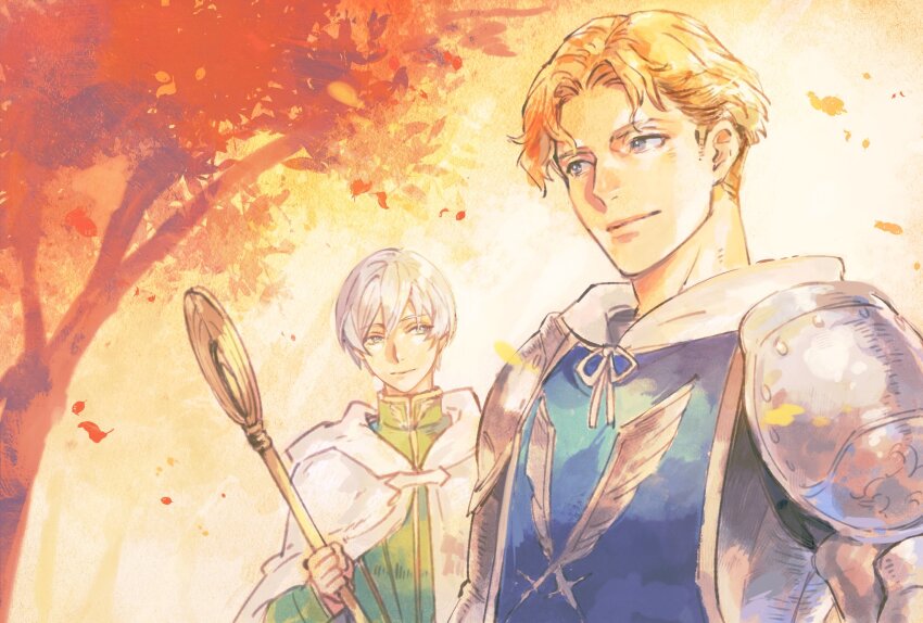 2boys arm_up armor autumn_leaves blonde_hair blue_eyes blue_tabard cape closed_mouth collared_robe commentary_request crick_(octopath_traveler) gauntlets highres holding holding_staff holding_weapon hood hood_down kin_mokusei leaf long_sleeves looking_to_the_side male_focus multiple_boys octopath_traveler octopath_traveler_ii outdoors parted_bangs pauldrons robe shoulder_armor sideways_glance smile staff tabard temenos_mistral tree weapon white_cape white_hood