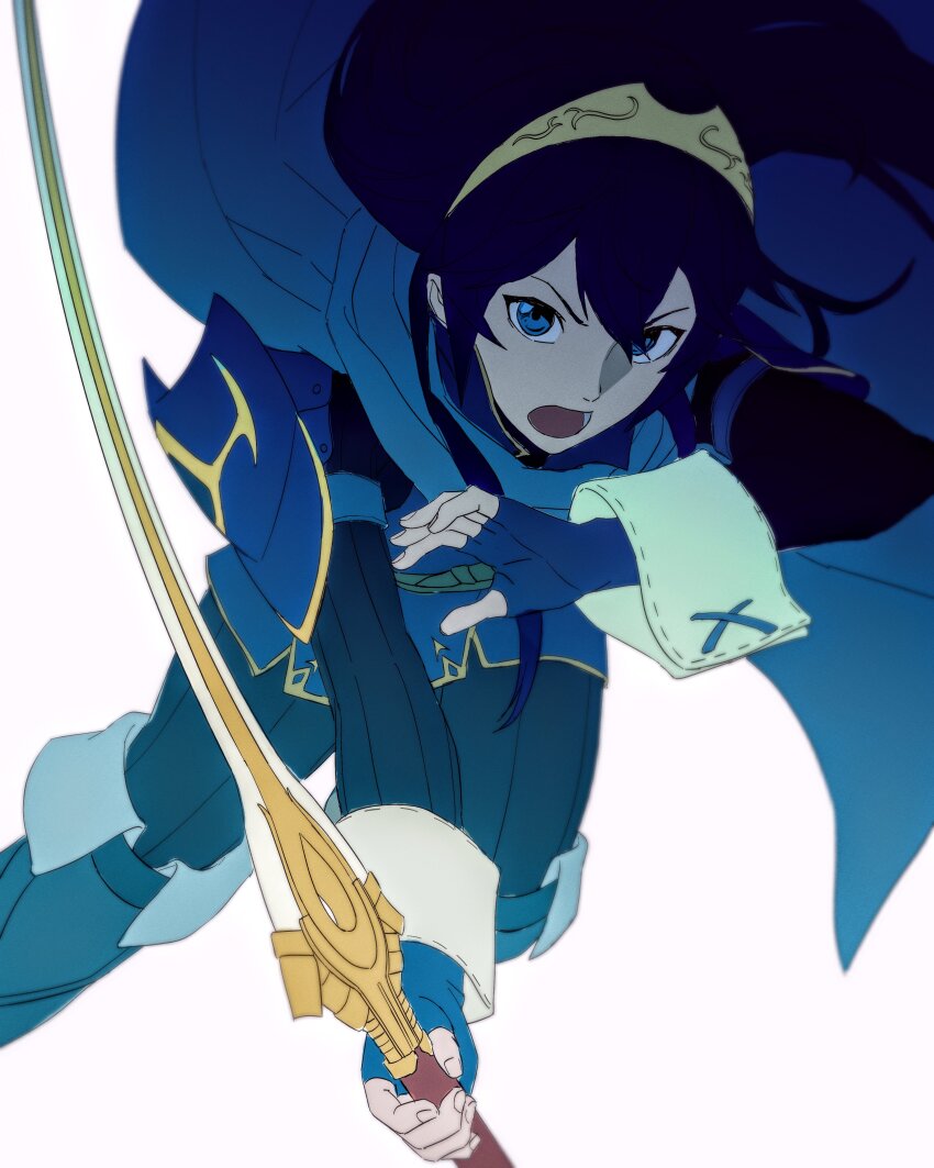 1girl absurdres armor blue_cape blue_eyes blue_gloves blue_hair cape commentary falchion_(fire_emblem) fingerless_gloves fire_emblem fire_emblem_awakening floating_hair gloves grey_background hair_between_eyes hashtag-only_commentary highres holding holding_sword holding_weapon kwajia3 long_hair looking_at_viewer lucina_(fire_emblem) nintendo pauldrons shoulder_armor simple_background single_pauldron solo sword tiara weapon