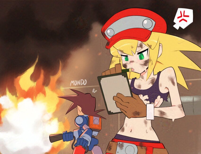 1boy 1girl anger_vein armor artist_name black_tank_top blonde_hair blue_armor breasts brown_gloves brown_hair newsboy_cap fire fire_extinguisher gloves green_eyes hat highres holding holding_pencil medium_breasts medium_hair mega_man_(series) mega_man_legends_(series) mega_man_volnutt navel pencil red_hat red_shorts roll_caskett_(mega_man) short_hair shorts solo_focus spoken_anger_vein supermondobeat sweat tank_top torn_clothes torn_tank_top